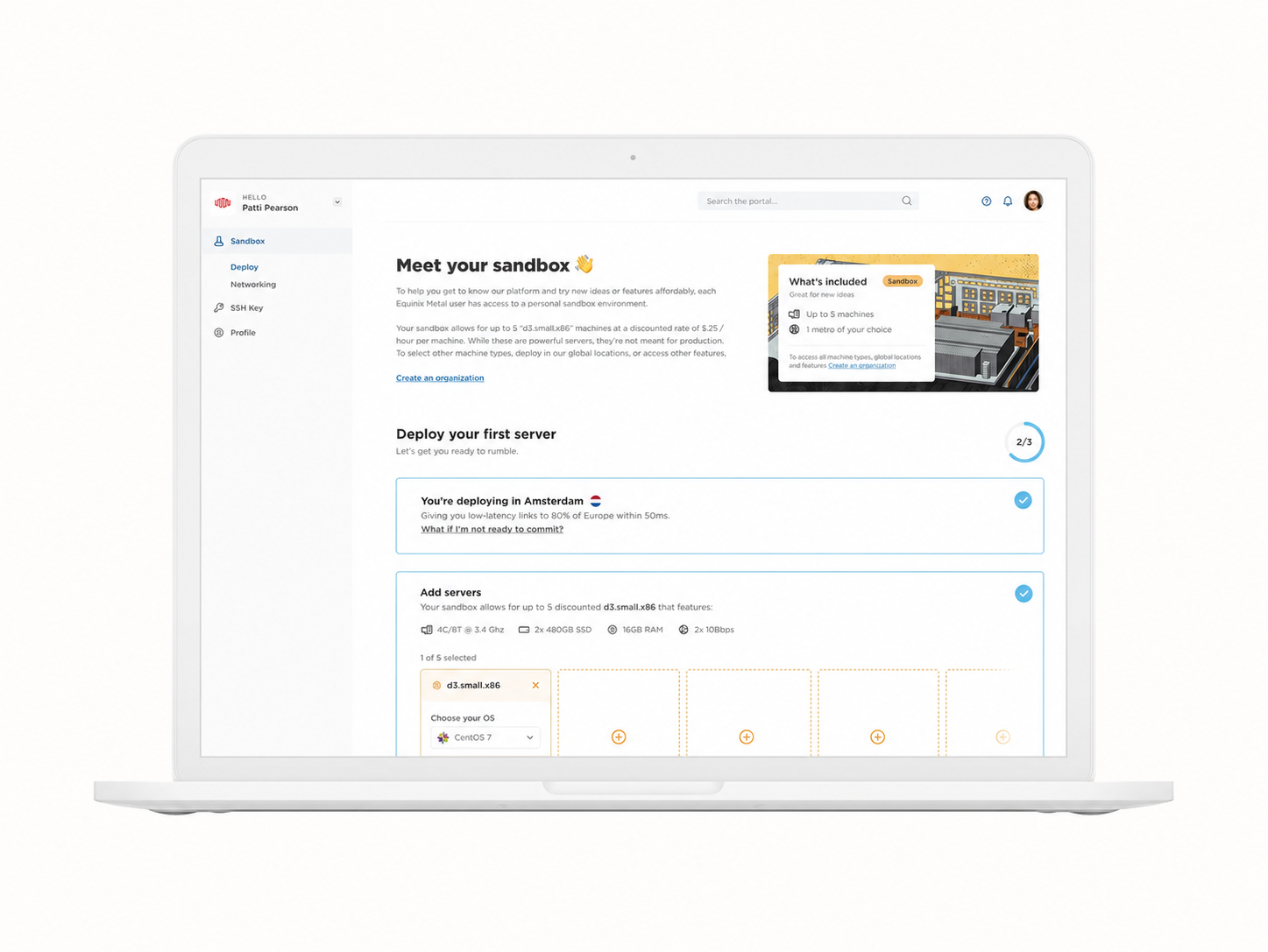Equinix Metal sandbox onboarding with a guided server deployment checklist