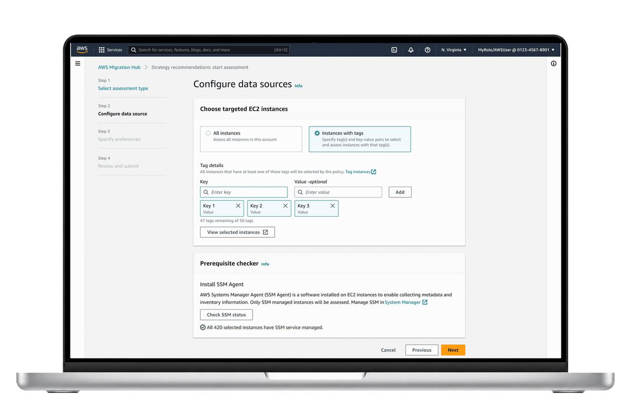 Migration Hub configuration workflow shown in a MacBook mockup