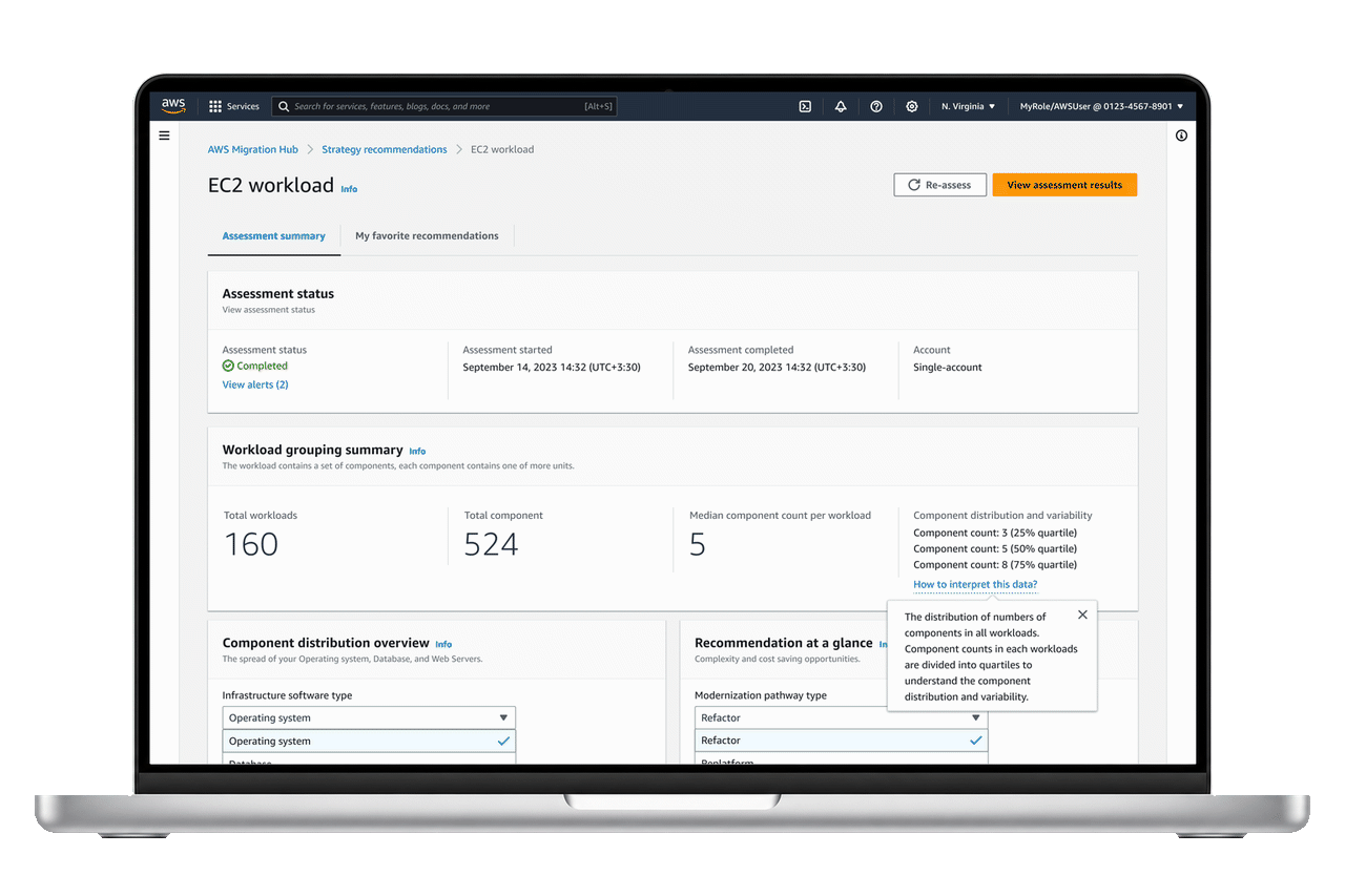 Migration Hub assessment workflow shown in a MacBook mockup